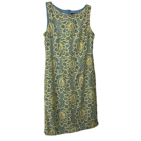 Chetta B Sleeveless Shift Dress Size 10 Blue Yellow Lace Accent - Picture 1 of 5